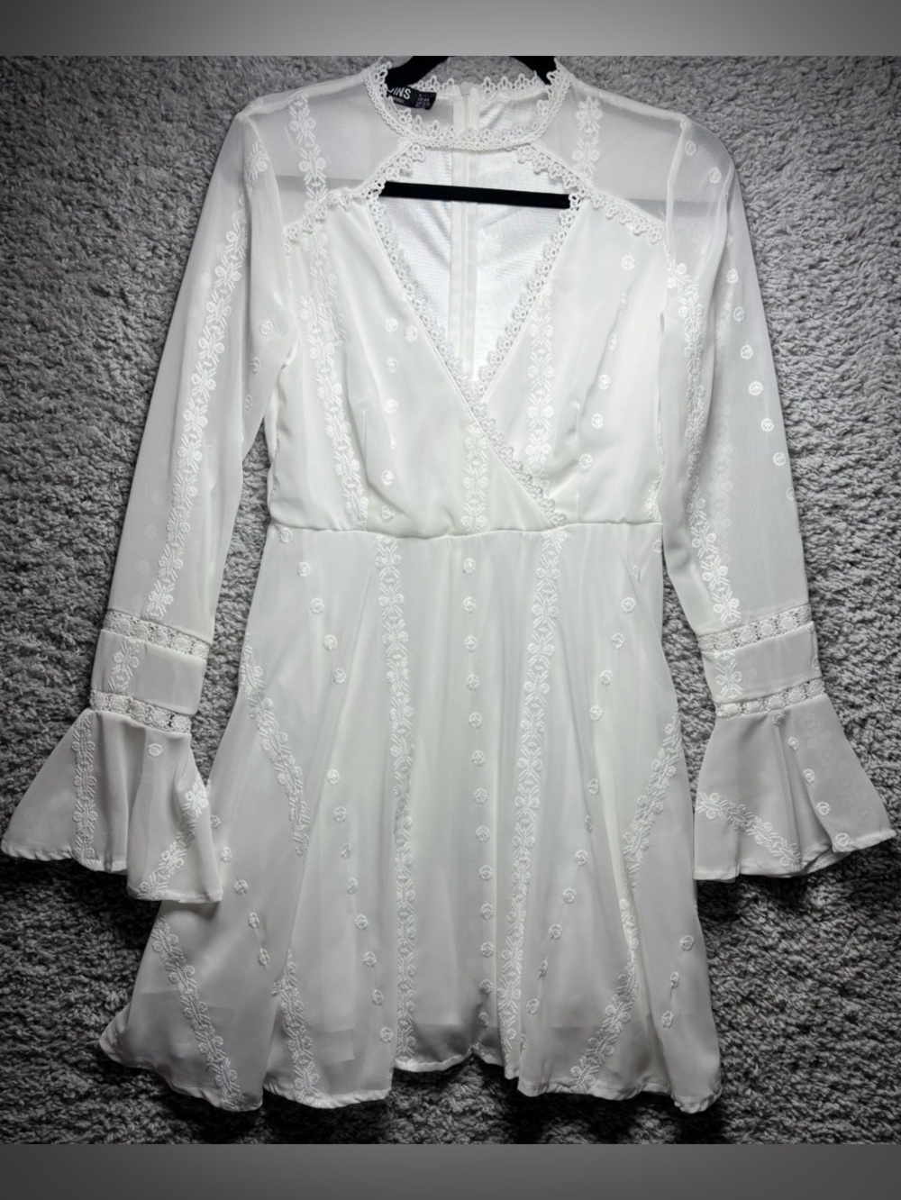 YOINS Dress Womens Small White Lace Sheer Mini Bell Sleeves Whimsical Cottage